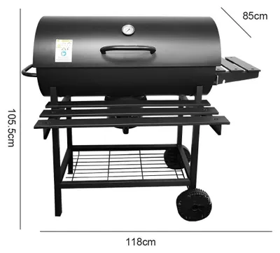 Zdjęcie produktu dla Grill węglowy do użytku na zewnątrz - grill ogrodowy na nóżkach - stalowy - z termometrem - na kółkach - wymiary: 105,5 x 85 x 118 cm