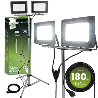 Produktbild von LUMILED Baustrahler LED mit Stativ 20000 lm Gesamtleistung 2x100W Arbeitsleuchte 4000K Höhenverstellbar bis 160cm Teleskopstativ IP65 360° Drehung Werkstattlampe LED Fluter für Baustelle Garage Außen Kabel 1.8m mit Stecker Arbeitsscheinwerfer Strahler Doppelstrahler