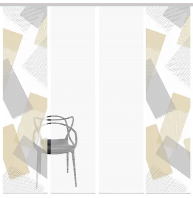 A graphic illustration of a chair in front of a patterned background, with two plain white panels on either side.
