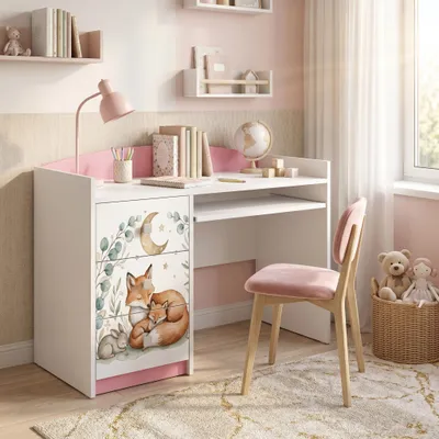 Produktbild von Schreibtisch Rosa für Kinder mit Motiv, Jugendschreibtisch Schülerschreibtisch mit viel Stauraum, PC-Tisch Lerntisch für Mädchen, KI-generiertes Bild