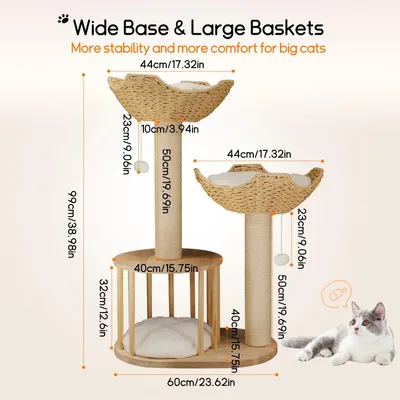 Image de Arbre à chat - Arbre à griffer d'intérieur - Tour d'escalade de 99 cm de haut - 3 niveaux - Grotte et panier - Coussin en peluche et balle - Bois naturel