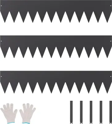 Three black metal garden edging pieces with a jagged top edge are displayed horizontally against a white background. Below them are a pair of white work gloves and several black stakes.