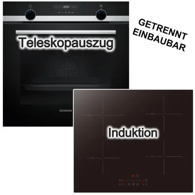 Produktbild von Herdset Siemens Backofen 3D Heißluft Hydrolyse Teleskopauszug Pizzastufe + PKM Induktionsfeld Booster Touch Slider