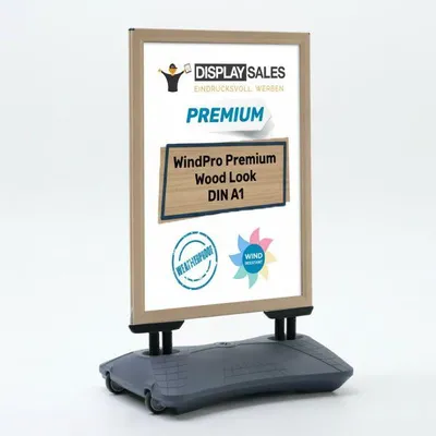 Produktbild von Kundenstopper WindPro® Premium wasserfest DIN A1 – Holzoptik, grauer Fuß
