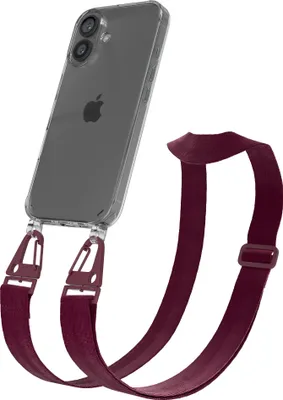 Produktbild von EAZY CASE - Hülle mit Band für Apple iPhone 16, Handyhülle mit Umhängeband, Silikonhülle transparent, Handykette in Rot