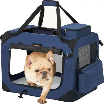 Produktbild von Feandrea faltbare Hundebox, Hundetransportbox, M, Hundetasche, Oxford-Gewebe, Netzgewebe, atmungsaktiv, tragbar, Metallrahmen, mit Griffen, Taschen,