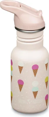 A close-up of a pink water bottle with an ice cream pattern.