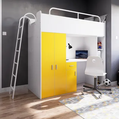 Produktbild von Marlux-Meble Hochbett Kinderbett JSM-4 80x190 mit Kleiderschrank Schreibtisch und Leiter Matt Kinderbetten Funktionsbett Etagenbett Stockbett Kinderhochbett Jugendhochbett (Gelb Matt)