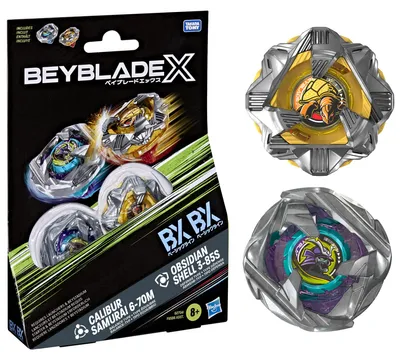 Immagine prodotto di Set doppio Beyblade X Calibur Samurai 6-70M BX e Obsidian Shell 3-85S BX, adatto a bambini dai 8 anni in su
