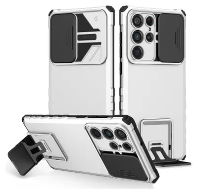 Obrázek produktu pro Pouzdro pro Samsung Galaxy S23 Ultra dvouvrstvé robustní, vojenská ochrana pouzdro s stojánku a posuvnou ochranou kamery Bílý