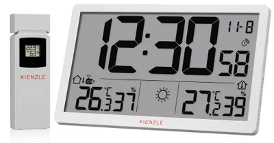 Produktbild von Kienzle Funk-Wetter-Wanduhr mit XL LCD Display, Außensensor, Temperatur Luftfeuchtigkeit weiß