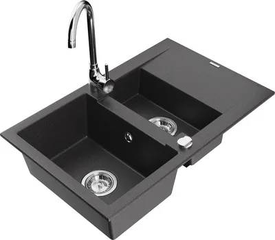 Produktbild von Mexen Gaspar 1,5-Becken-Granitspüle mit Abtropffläche und Mischbatterie Telma, Schwarz gesprenkelt - 6507-76-670200-00