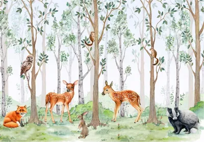 Produktbild von Vlies Fototapete Kinderzimmer Wald Tiere (368x254 cm - inklusive kleister) 3D Natur Baum Kinder Wohnzimmer Schlafzimmer Wandtapete Motivtapeten Tapete UV-Beständig Montagefertig