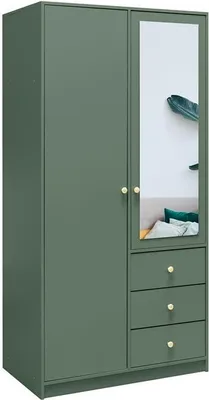 A green wardrobe with a mirror and drawers.