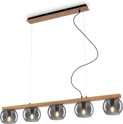 Immagine prodotto di Lampada a sospensione, con legno, vetro fumé, 5xE14/max.1