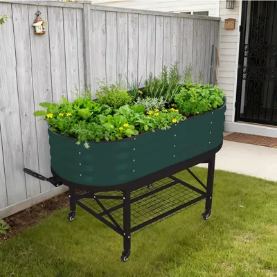 Produktbild von Hochbeet aus verzinktem Stahl - 120 x 60 x 30 cm - Verstärkter Metallrahmen - Mit Vogelschutznetz und PVC-Abdeckung - Witterungsbeständig - Grün