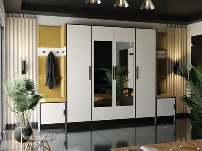 Image de KIER FURNITURE Armoire, blanc + tissu jaune - 312,8 x 205 x 39 cm