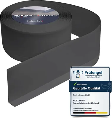 Produktbild von HOLZBRINK Weichsockelleiste PVC 100x25mm, 10 m | Wandleiste ohne Klebestreifen für Küche, Garage, Flur | Wandabschlussleiste PVC | Farbe: Graphitgrau