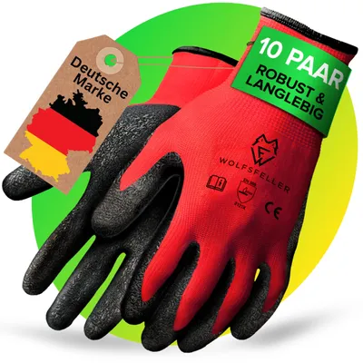Produktbild von WOLFSFELLER 10 Paar robuste & komfortable Handschuhe Arbeitshandschuhe Herren Gr 9 - Arbeitshandschuhe Damen - Gartenhandschuhe Herren - Mechaniker Handschuhe mit Latex Beschichtung