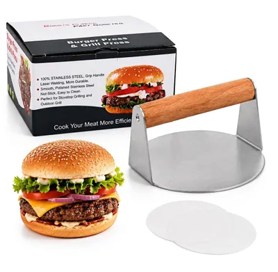Obrázek produktu pro Lis na burgery RVS, průměr 14 cm, včetně 50 kusů pečicího papíru