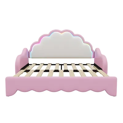 Produktbild von Merax Tagesbett Kinderbett Daybett 140x200cm, umwandelbar in Flachbett, Wolkenform Kopfteil mit LED, Schlafsofa, Polsterbett, Rosa