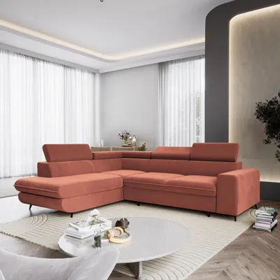 Produktbild von Masseno Ecksofa VELISS mit Schlaffunktion L-Form, Sofa mit Bettkasten, Wohnzimmersofa, Couch, Soffa, Bettsofa, Couchgarnitur- Koralowy, CASTEL 55