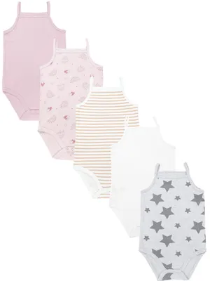 Produktbild von TupTam Body Baby Mädchen 5er Set – Sommer Body Baby mit Spaghettiträgern aus 100% Baumwolle, Farbe: Sterne_Weiß_Pink_Streifen_Regenbogen, Größe: 86