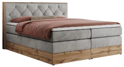 Produktbild von MKS MEBLE King Boxspringbett 140x200 mit Bettkasten Eiche, Polsterbett 140x200 mit Matratze H3, Bett 140x200 mit Kopfteil, Bett mit Holzrahmen in Wotan Eiche - Hellgrau Velvet - Veneto King