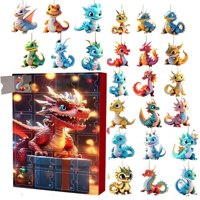 A collage of various cute, cartoon-like dragon figures, some hanging as ornaments and others displayed on a gift box.