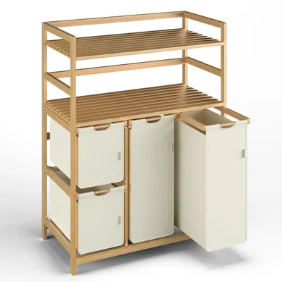 Image de Panier à linge en bambou avec 4 compartiments et 2 étagères, capacité de 150 litres