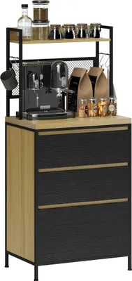 Image de HOMCOM Armoire de cuisine buffet cuisine meuble de rangement industriel avec 3 tiroirs, plan de travail, étagère et 4 crochets, meuble micro onde pour salle à manger, salon, 60x40x132cm, bois naturel