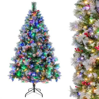 Produktbild von 180cm Künstlicher Weihnachtsbaum mit 350 warmweißen, Christbaum mit vierfarbigen LED-Leuchten & 8 Modi, Tannenbaum mit echten Tannenzapfen & Beeren