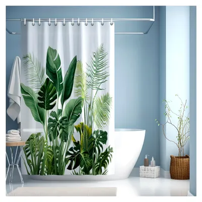 Produktbild von Duschvorhang mit grünen Blättern aus Textil, wasserabweisend und waschbar, Polyester Badvorhang mit Ösen und Duschvorhangringen für das Badezimmer (180x200cm)