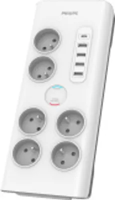 A white power strip with multiple outlets and USB ports.