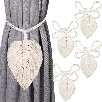 Produktbild von 4 Stück Raffhalter Boho Blätter Vorhanghalter Baumwolle Makramee Gardinenhalter Vorhang Zugband Gardine Beige Baumwollseil Holdbacks Vorhang Clips Feder Seilhalter Gardinen Deko
