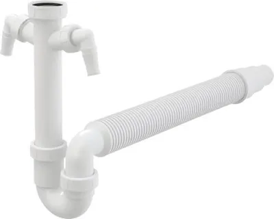 Produktbild von veporit Röhrensiphon für Spüle mit 2 Maschinenanschlüsse am Tauchrohr 1 1/2 Zoll x DN50/40 flexibel weiß