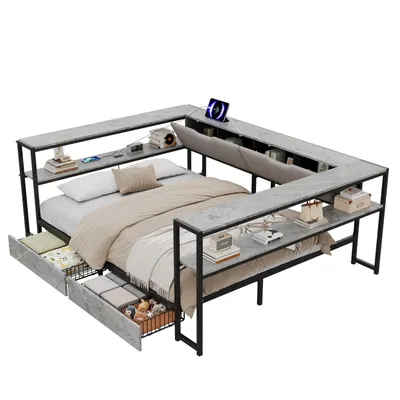 Produktbild von Polsterbett Schlafsofa Daybett 140x200 mit USB&Typec-Ladestation, Tagesbett, Jugendbett mit 2 Schubladen und Lattenrost aus Metall,