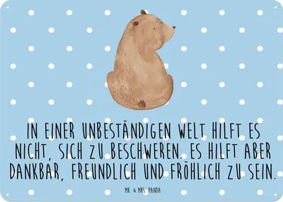 Produktbild von Mr. & Mrs. Panda tafel Bär Schulterblick DIN A5 - Blau Pastell - Geschenk, Teddy, Bären, Selbstachtung, Schild, Blechtafel, Bärenliebe, Wandbild, Weisheit, Türschild