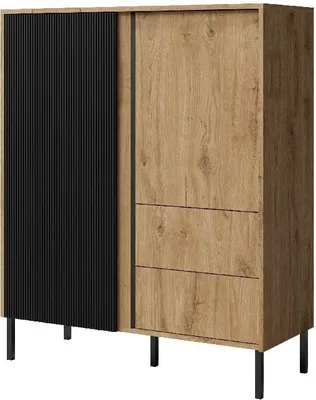 Produktbild von Hohe Kommode 1 MIA 100 cm mit geriffelte Fronte mit Schubladen Zweitürige Sideboard Metallbeine Ewige Eiche / Schwarz
