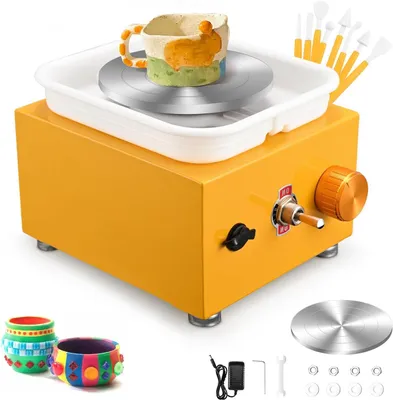Zdjęcie produktu dla Miniaturowa maszyna do formowania ceramiki - Maszyna do obróbki ceramiki - Kreatywna praca - Regulowana prędkość - Talerz obrotowy o średnicy 10 cm - Żółty