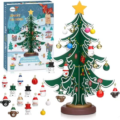 Productafbeelding van Adventskalender, kerstboom, mini, hout, met 24 hangers, doe-het-zelf decoratie, voor kinderen