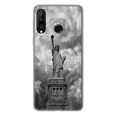 Produktbild von MuchoWow® Handyhülle Schutzhülle Hülle für Huawei P30 Lite Freiheitsstatue in New York an einem bewölkten Tag in schwarz-weiß Silikon Softcase Handy Hülle - Handyhülle