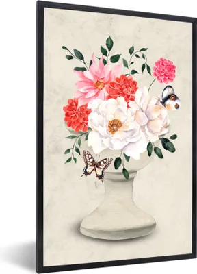 Produktbild von MuchoWow® Gerahmtes Poster Schmetterlinge - Blumen - Stillleben 60x90 cm - Poster mit Schwarzem Bilderrahmen Wandposter Rahmen Foto Bilder - Kunst