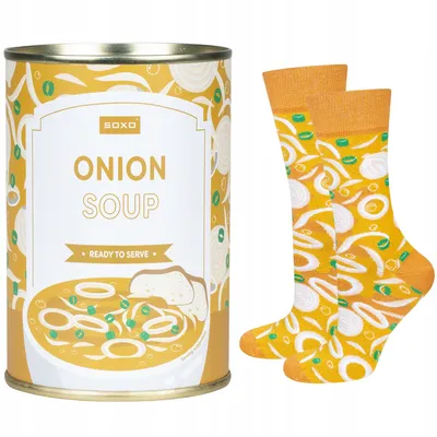 Immagine prodotto di Calzini in scatola - Ideali come regalo - Motivo "Zuppa di cipolle" di SOXO - Uomo - Cotone - Divertenti e colorati - Taglia: 40–45