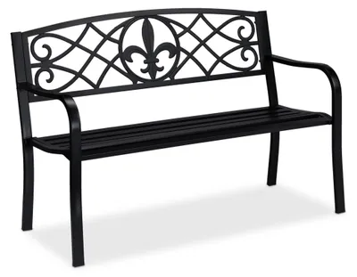 Zdjęcie produktu dla Ławka ogrodowa Relaxdays, motyw Fleur de Lis, 2-osobowa, stalowa, do ogrodu i na taras, wys. x szer. x gł.: 86 x 127 x 60 cm, czarna