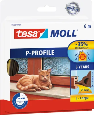 The image shows the packaging of a Tesa Moll P-Profile sealing tape, featuring a cat on a windowsill and graphics indicating energy savings.