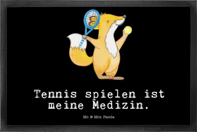 Produktbild von Mr. & Mrs. Panda Schmutzfangmatte Fuchs Tennis spielen 50 x 75 cm - Schwarz - Geschenk, Bodenvorleger, Gummimatte, Tennisclub, fußmatte, Ballsportart, Fussmatte, Turnier