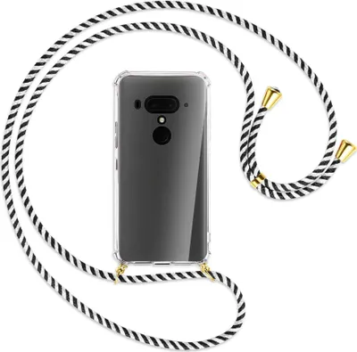 Produktbild von Handykette Backcover-Schutzhülle mit Band (Metall goldfarben) für HTC U12 Plus - schwarz/weiß gestreift