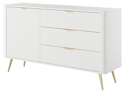 Zdjęcie produktu dla LATTE Komoda 138 cm z drzwiami i 3 szufladami Biała komoda do salonu i pokoju Nowoczesna komoda z ryflowanymi frontami, Kolor: biały