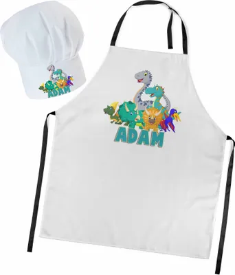 Produktbild von Personalisierte Kochmütze + Kochschürze Set 2tlg. Für Kinder, Jungen und Mädchen, Weiß, Schürze mit Ihrem Namen, Dinosaurier Team [099]